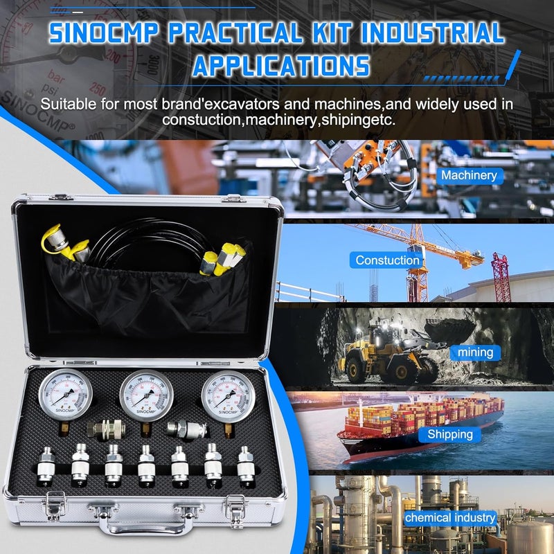 SINOCMP مجموعة اختبار مقياس ضغط هيدروليكي 4000/6000/10000 PSI، 9 وصلات، 3 خراطيم اختبار بطول 59 بوصة، 1 صندوق تخزين ألومنيوم لمجموعة اختبار التشخيص لآلات البناء الحفارات - Image 5